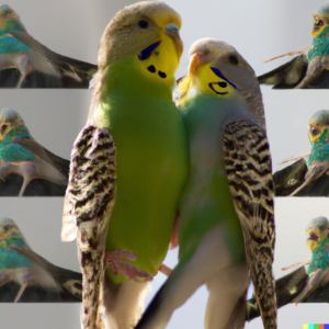 Budgies rubbing themselves together by Dall-E